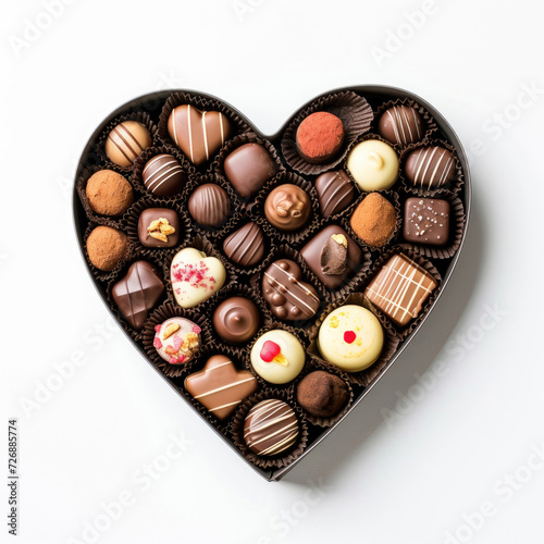 A heart-shaped box filled with an array of delectable chocolates a white backdrop