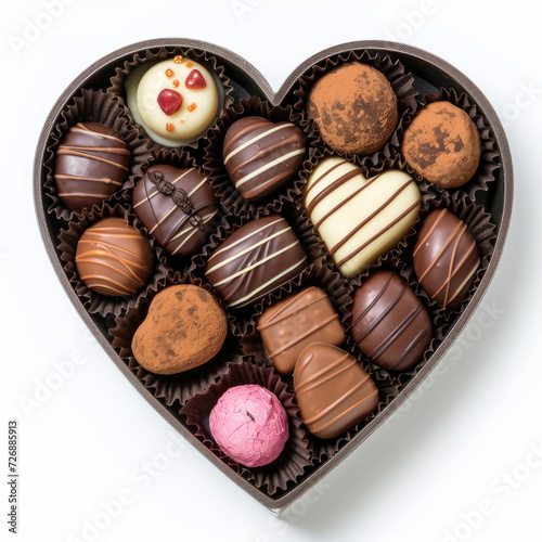 A heart-shaped box filled with an array of delectable chocolates a white backdrop © Veniamin Kraskov