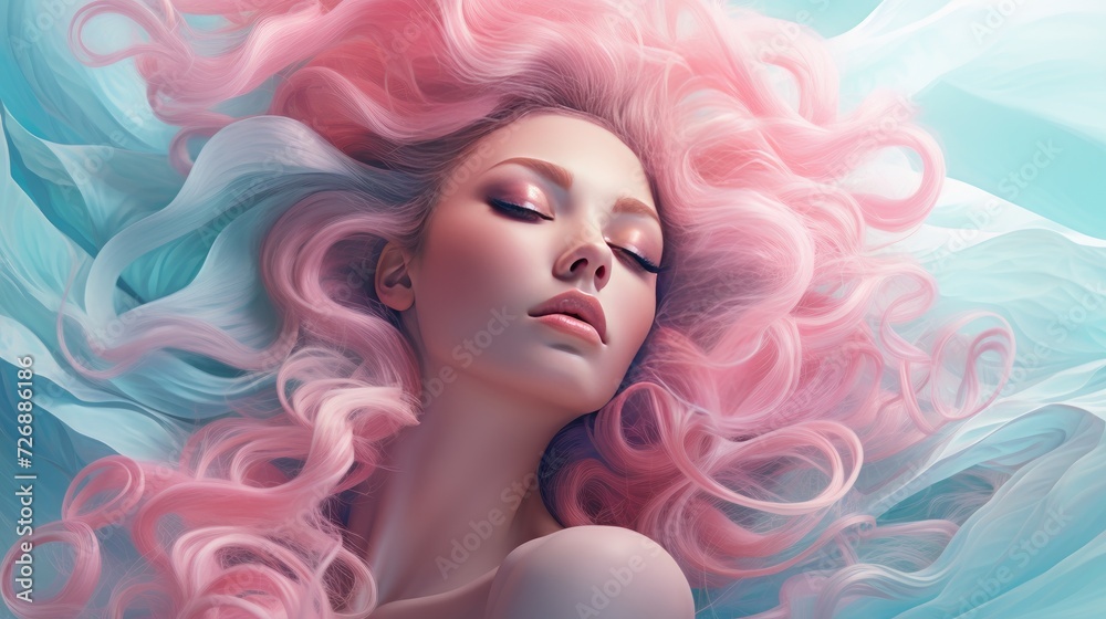 Beautiful woman with long curly pink hair. Perfect makeup. Beauty, fashion