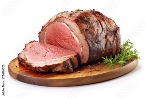 Medium rare prime rib roast grilled on wooden plate, white background