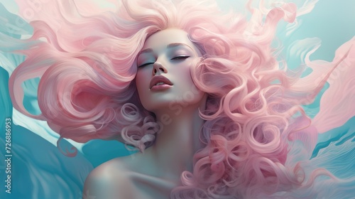 Beautiful woman with long curly pink hair. Perfect makeup. Beauty, fashion