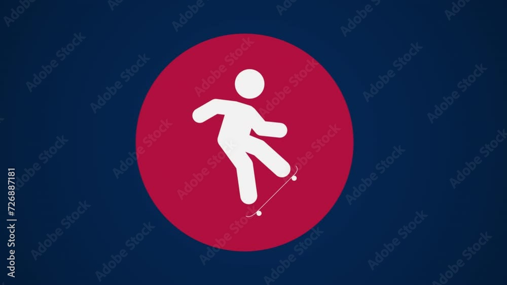 Pictograma de los Juegos Olímpicos de lado izquierdo  con el deporte skateboarding en fondo azul. 