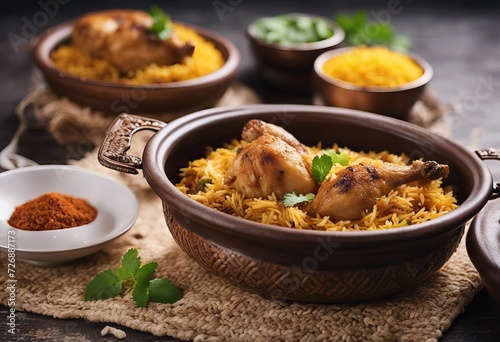 Asian rice pot Dum Biryani Indian basmati mud rice Chicken Biryani meal made served spices