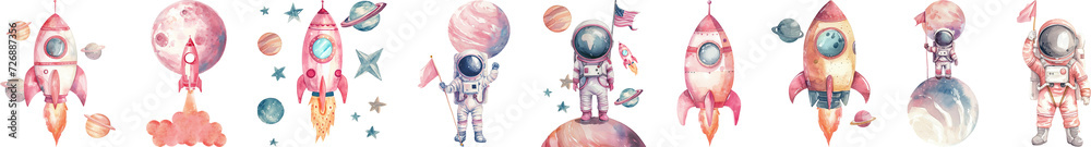 Set of watercolor of rocket in space with planet and astronaut for decoration. Set of watercolor of rocket in space with planet and astronaut for decoration.