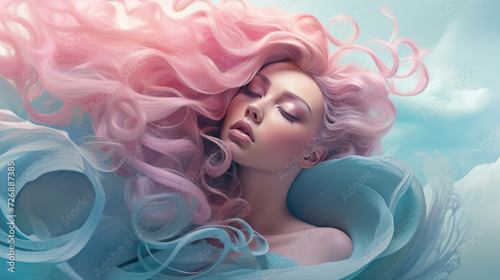 Beautiful woman with long curly pink hair. Perfect makeup. Beauty, fashion Beautiful woman with long curly pink hair. Perfect makeup. Beauty, fashion