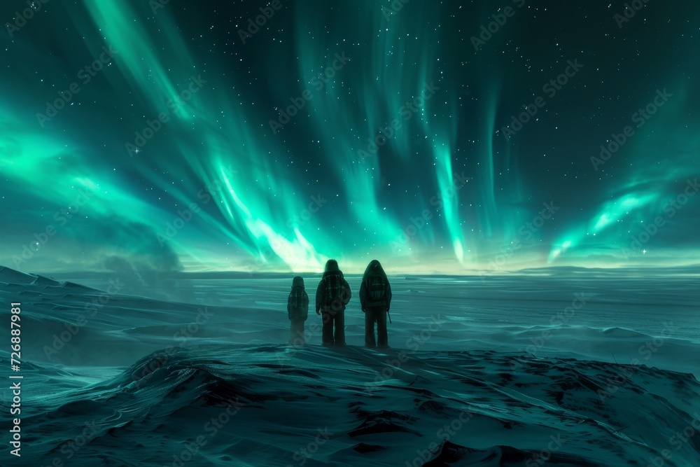 people are silhouetted against the radiant backdrop of green and blue hues of the northern lights