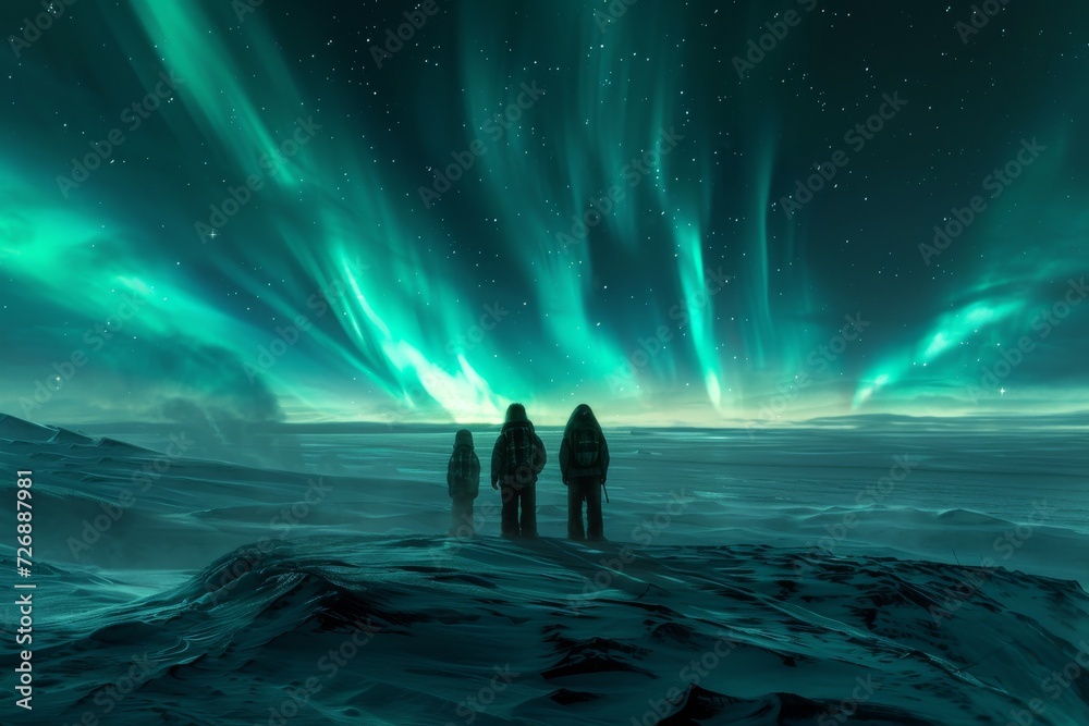 people are silhouetted against the radiant backdrop of green and blue hues of the northern lights people are silhouetted against the radiant backdrop of green and blue hues of the northern lights