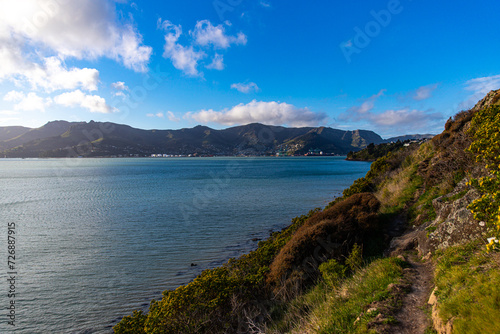 panorama of lyttelton harbour on sunset; banks peninsula, canterbury, new zealand