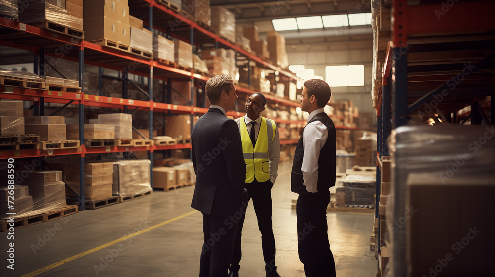 Rear view of the manager and his workers visiting the warehouse. Transportation and logistics industry concepts Rear view of the manager and his workers visiting the warehouse. Transportation and logistics industry concepts
