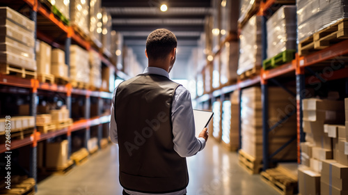 Male warehouse worker stands using laptop to check goods while working in warehouse, transportation industry concept. Logistics