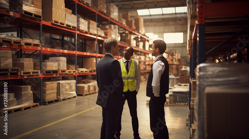 Rear view of the manager and his workers visiting the warehouse. Transportation and logistics industry concepts photo