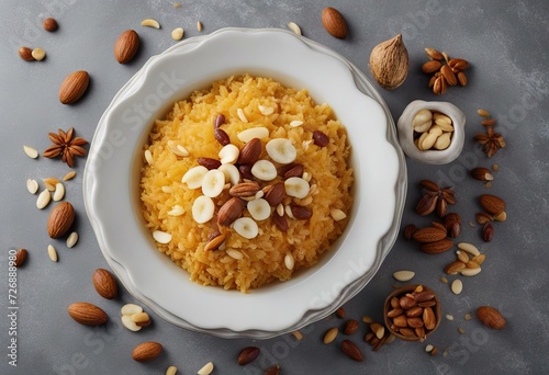 view coconut grey rice background top almond isolated eid Jorda zarda food nuts sh served photo