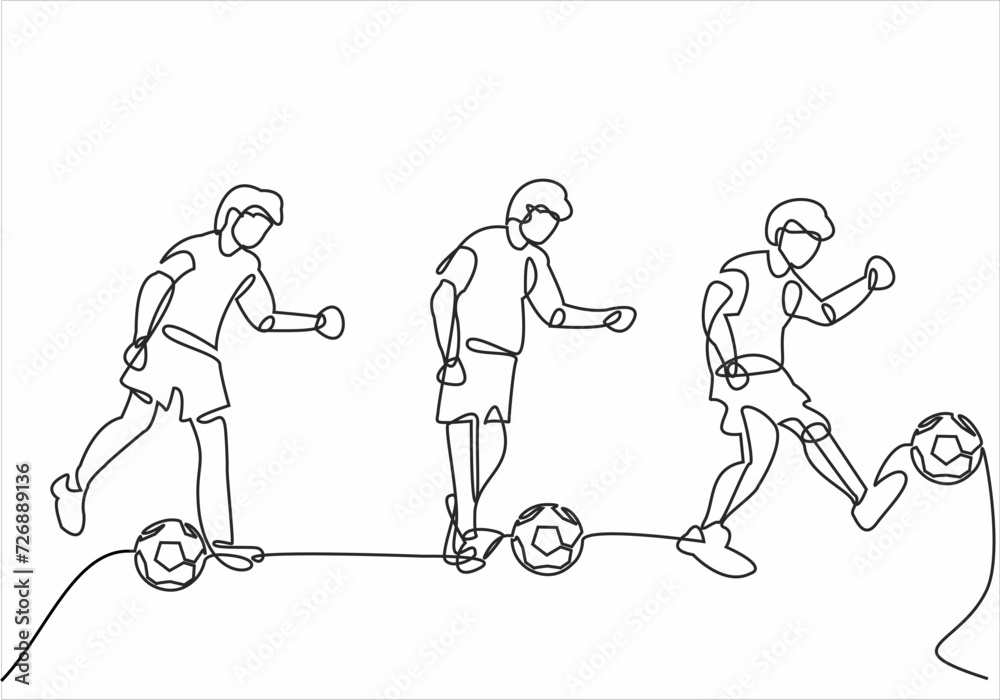 Continuous line drawing. Illustration showing a soccer player kicking a ball. Soccer illustration vector