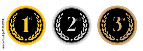 1st, 2nd and 3rd place champion pin badge vector. gold, silver and bronze