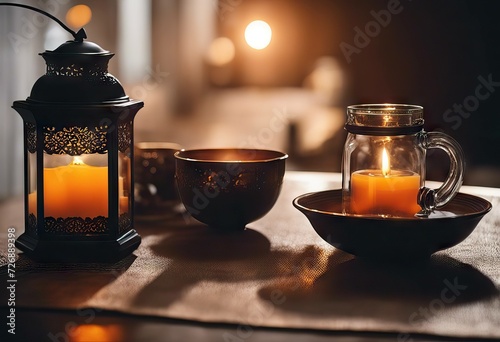 tea food Black background Iftar concept image lamp lantern photo