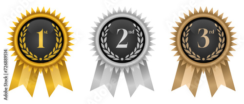 1st, 2nd and 3rd place champion pin badge vector. gold, silver and bronze