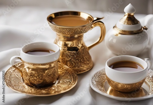 concept coffee White life background Ramadan arabic cup Still traditional golden dallah set