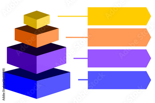 Infographic of purple with blue with orange and yellow square box divided and cut into four and space for text, Pyramid shape made of four layers for presenting business ideas or disparity and statist