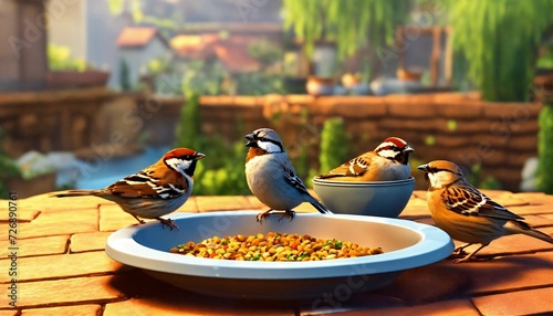 Many sparrow eats grains 