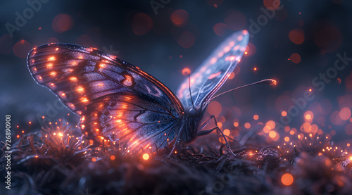 A blue butterfly on fire background in the style