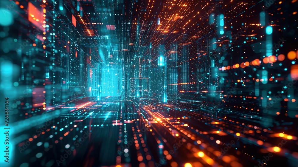 An abstract representation of digital transformation, where virtual data flows and AI elements converge to create a transformative user experience The image captures the essence of digital evol
