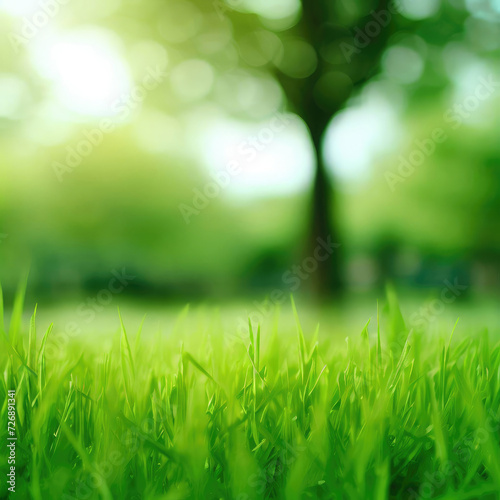 Close-up green grass field with tree blur park background, Spring and summer