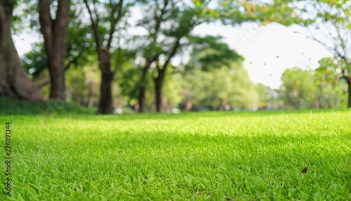 Close-up green grass field with tree blur park background  Spring and summer