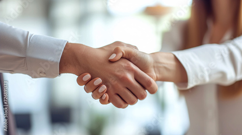 Close-up of a handshake between a woman and man in a bright modern office, symbolizing a business agreement.