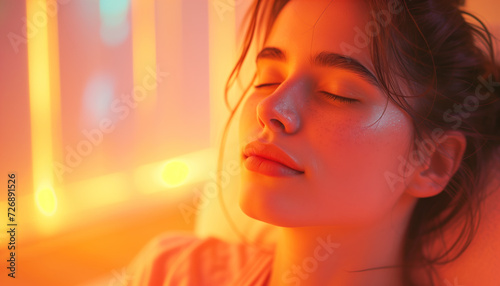 A beautiful young woman sitting in an infrared therapy room surrounded by soft, warm light