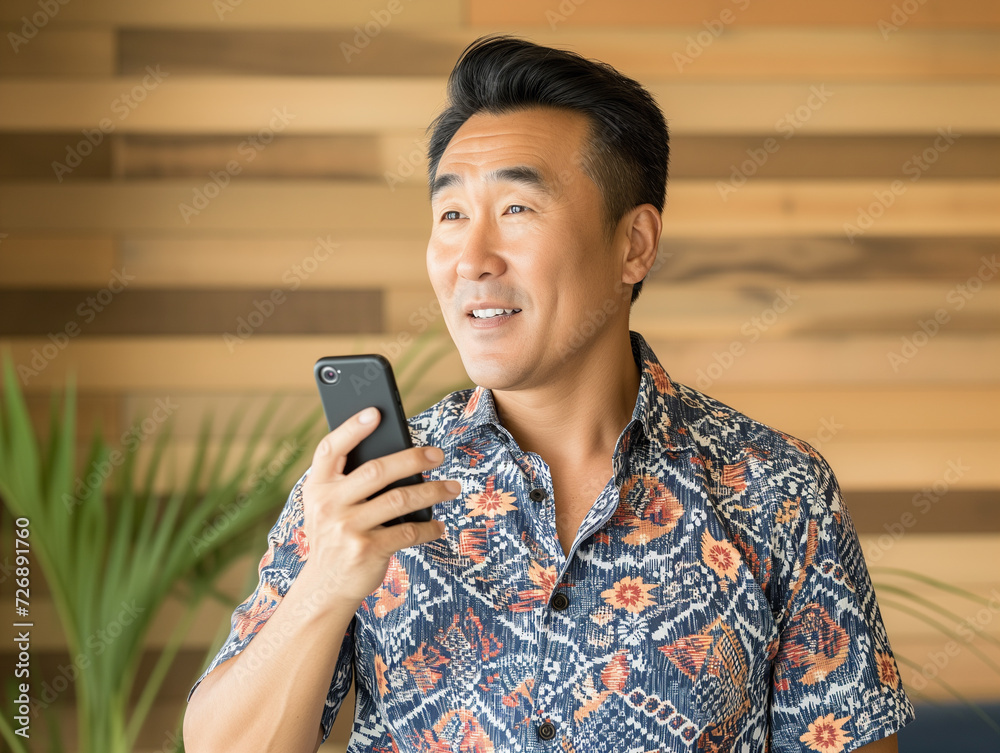 Asian man in floral printed shirt talking on the phone Asian man in floral printed shirt talking on the phone