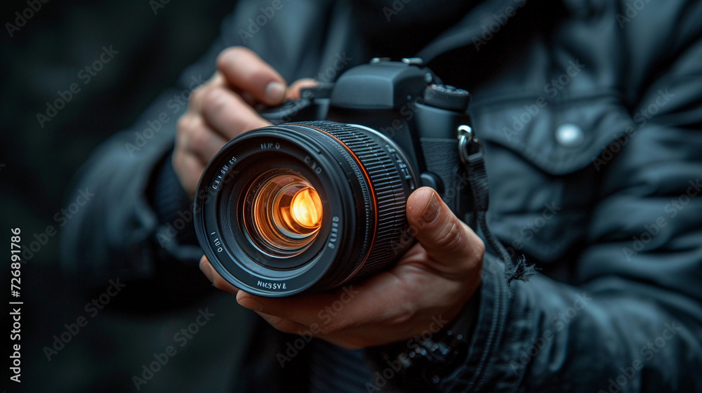 Photo camera close-up on a dark background, studio lighting.