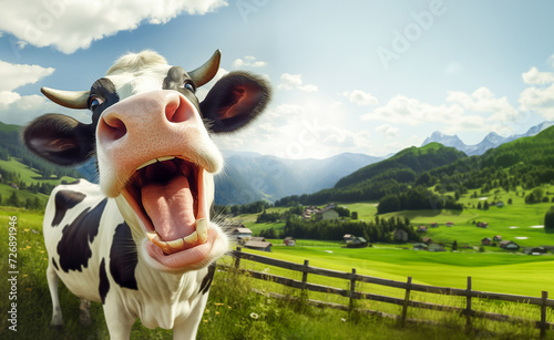 Funny cow in green field. Black and white Holstein cow background for dairy products, farming. Wide panorama banner with copy space for text by Vita