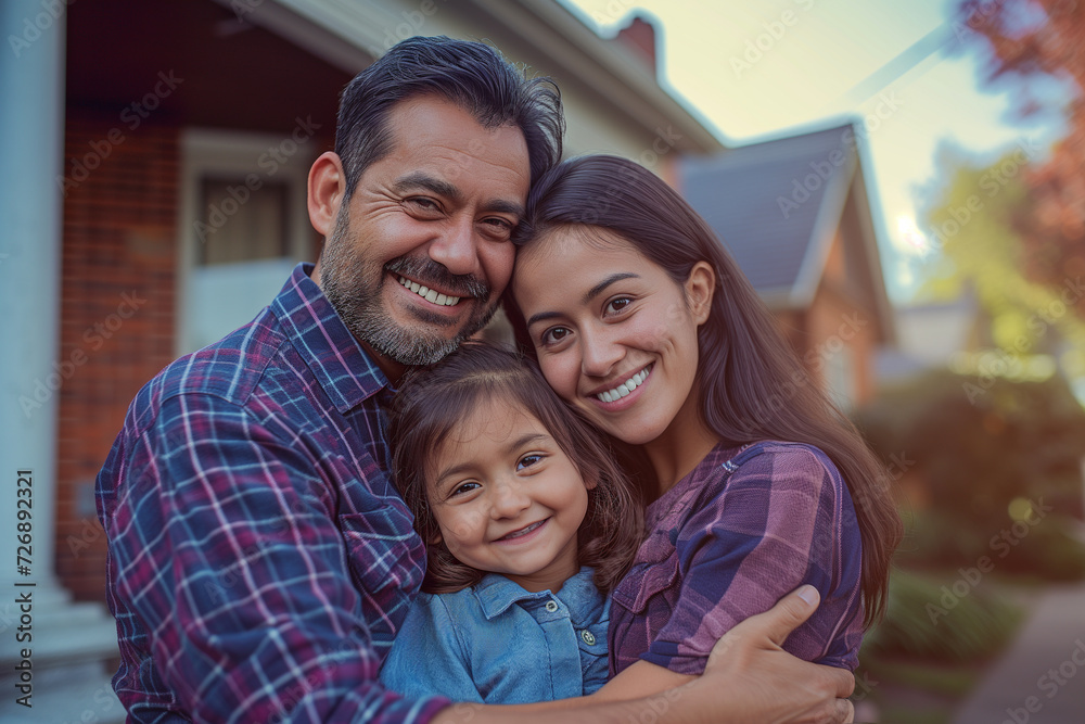 Portrait of happy Chicano family standing in front of their house Portrait of happy Chicano family standing in front of their house