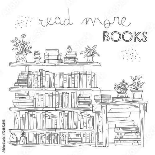 Hand drawn bookshelf with books and plants. Black and white vector illustration