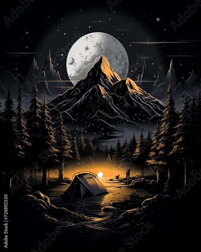 Mountain camping surrounded by breathtaking scenery bathed in the soft glow of the full moon