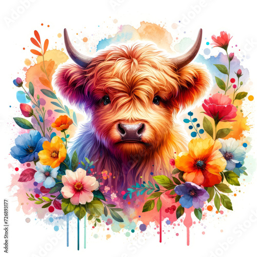 A cute a happy baby highland cow surrounded by flowers. Generative AI