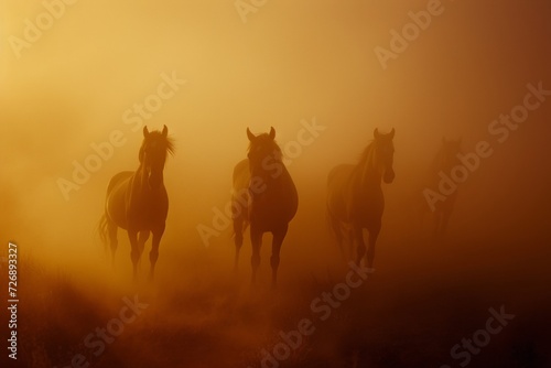 horses in fog, in the style of backlight © wanna