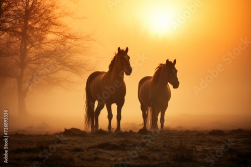 horses in fog  in the style of backlight