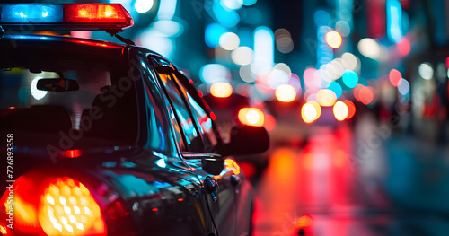 police car lights at night in city street with selective focus and bokeh. © lucky pics