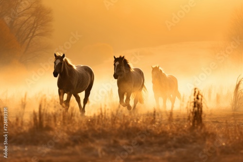 horses in fog, in the style of backlight