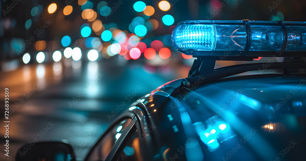 police car lights at night in city street with selective focus and bokeh. - obrazy, fototapety, plakaty 
