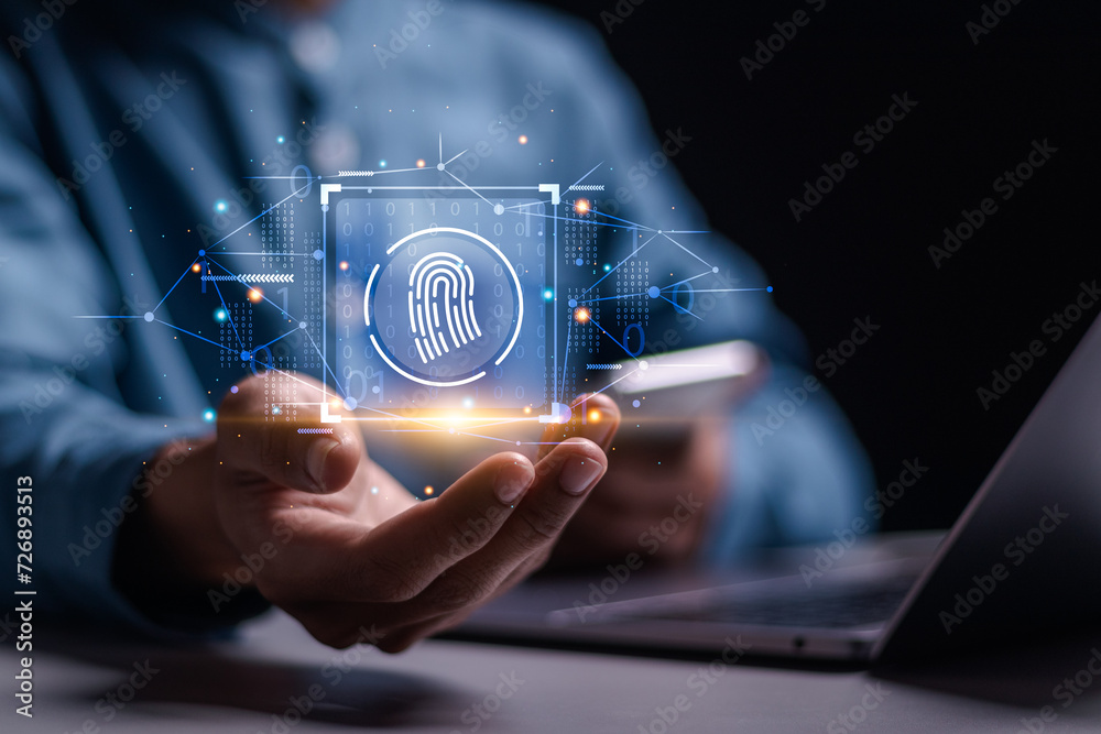 Biometric cyber security system and access control concept. Person show access security personal financial data on scan fingerprint identification, Cybersecurity and privacy to protect data. - obrazy, fototapety, plakaty 