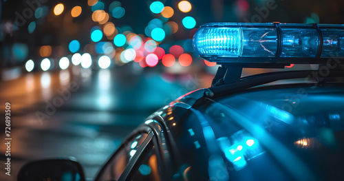 police car lights at night in city street with selective focus and bokeh. photo