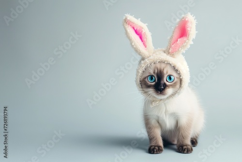 A cute cat, adorably dressed in a fluffy bunny ears hat, gazes upwards with big, soulful eyes against a soft grey background.