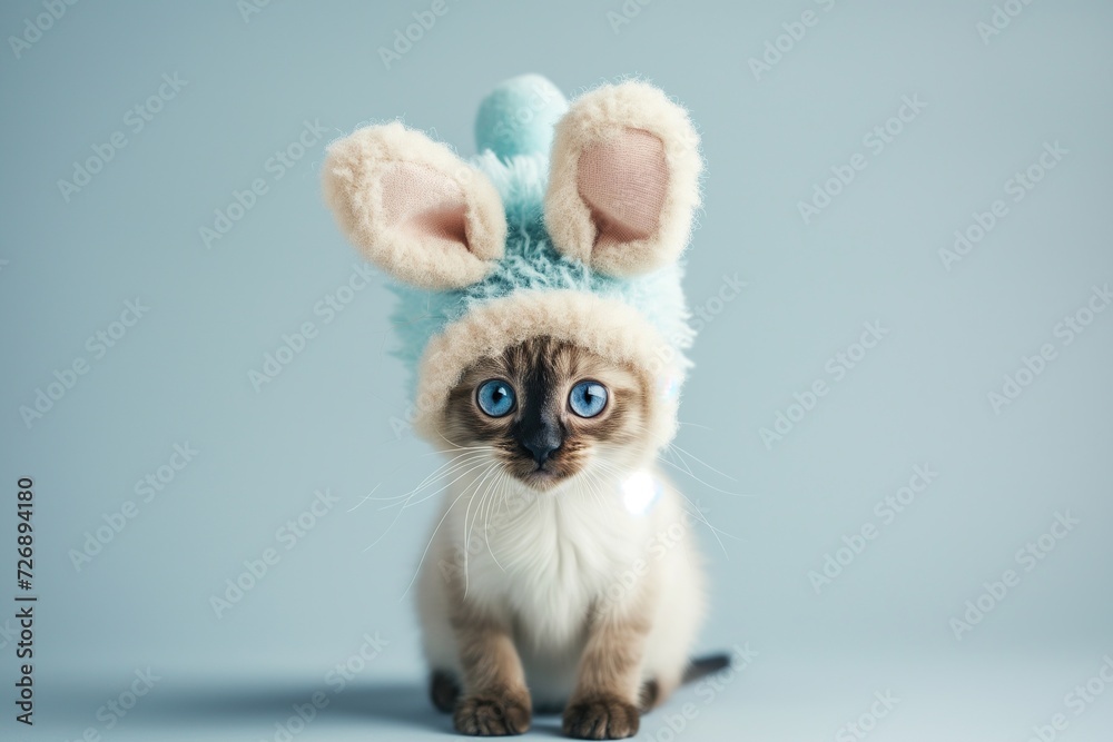 Obraz premium A cute cat, adorably dressed in a fluffy bunny ears hat, gazes upwards with big, soulful eyes against a soft grey background.