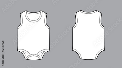 Sleeveless kids bodysuit, CAD, fashion flat template. Fashion technical illustration for garment production unit.