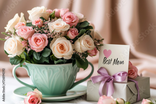 Elegant Mother's Day Roses in Teacup. Roses in a teacup with a heartfelt Mother's Day card.