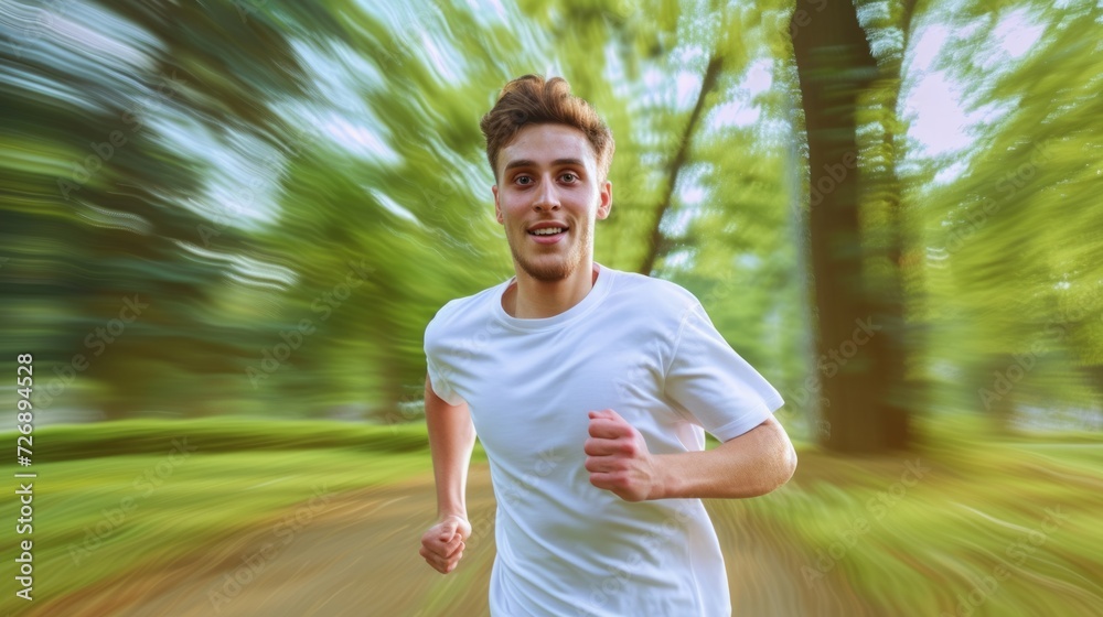 Portrait of a Young Male Running in a Park. Fit Man Enjoying Athletic Activity and Outdoors Workout Exercise for Healthy Life Portrait of a Young Male Running in a Park. Fit Man Enjoying Athletic Activity and Outdoors Workout Exercise for Healthy Life