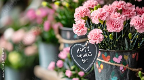 Mother's Day Floral Display with Heartfelt Message.
Pink carnations in decorative pots with a heart-shaped 'Happy Mother's Day' sign.