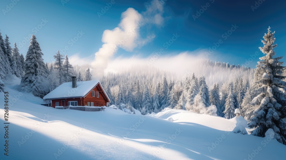 A quaint wooden cabin with smoke rising from the chimney nestles in a snow-blanketed forest, creating a scene of winter tranquility. Resplendent.